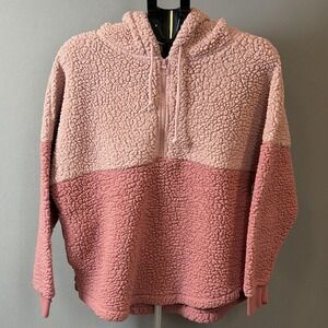 PINK Victoria's Secret Hoodie Womens Medium Pink Sherpa Fleece Pullover Half Zip